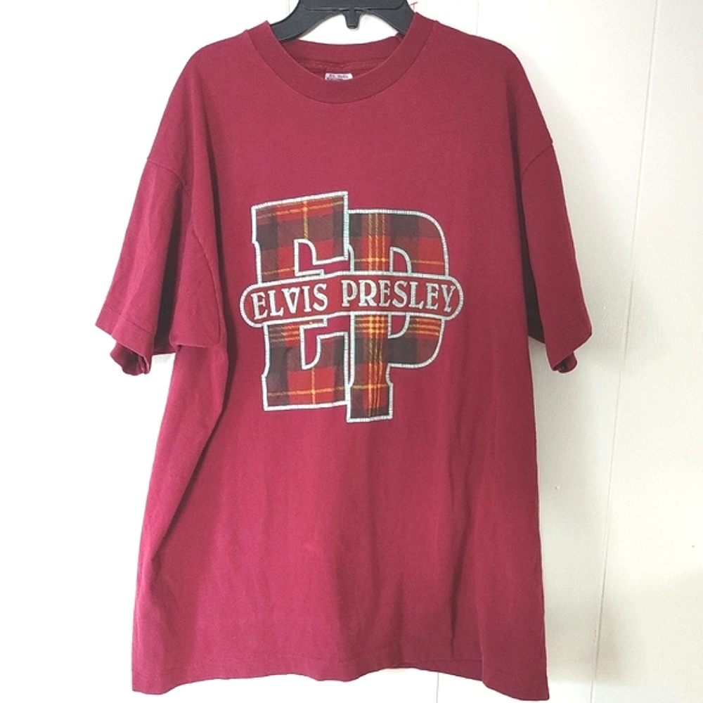 Vintage Fruit Of The Loom Preshrunk Elvis Presley Mens Maroon Tshirt Size XL USA